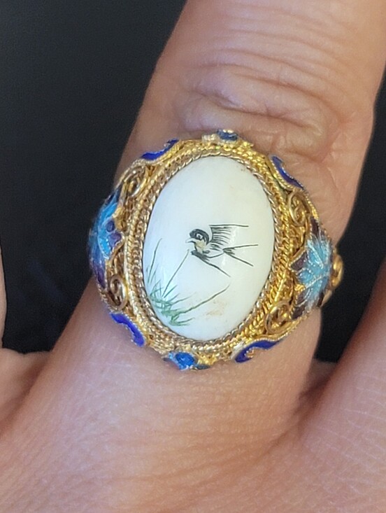 Jewelry - RARE Antique Ring, Hand-Painted Bird Porcelain Cameo, Gold Vermail Over Silver